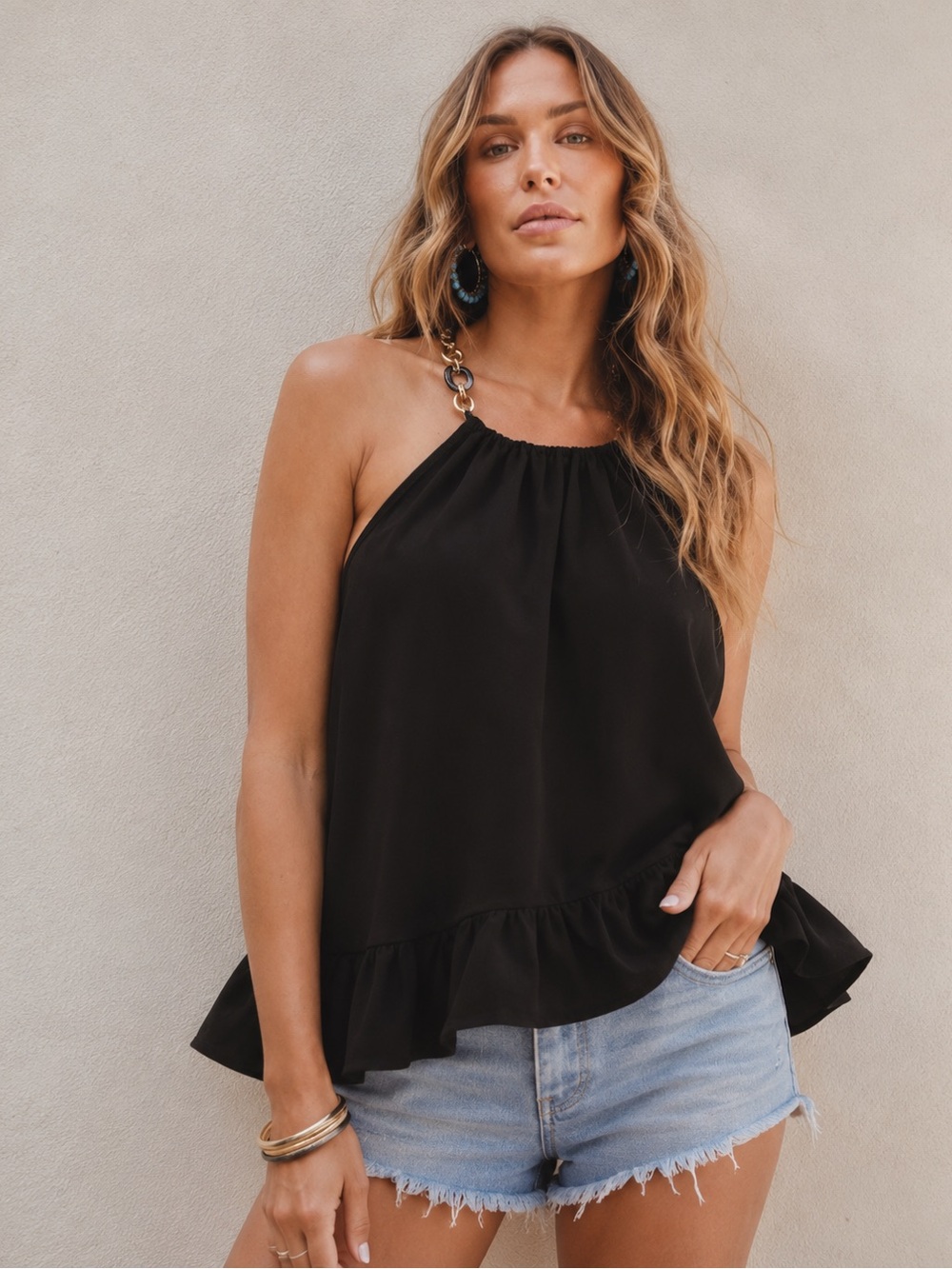 HYFVE Boutique Halter black top with chain details Resort wear monochrome